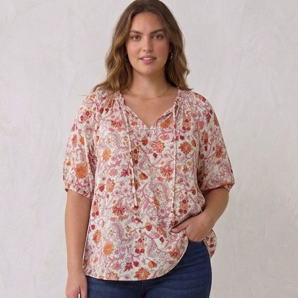 Knox Rose Womens XL Pink Orange Floral Cotton Tassel Peasant Blouse Top Boho